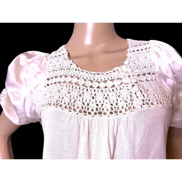 BCBG Crochet Large Silk Cotton Puffed Sleeve Pullover Ivory Cottagecore Size L - Picture 9 of 13